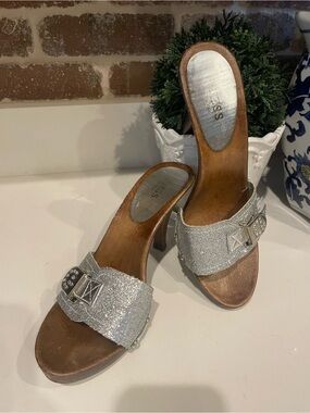 Guess Silver Glitter Open-Toe Slide Heels